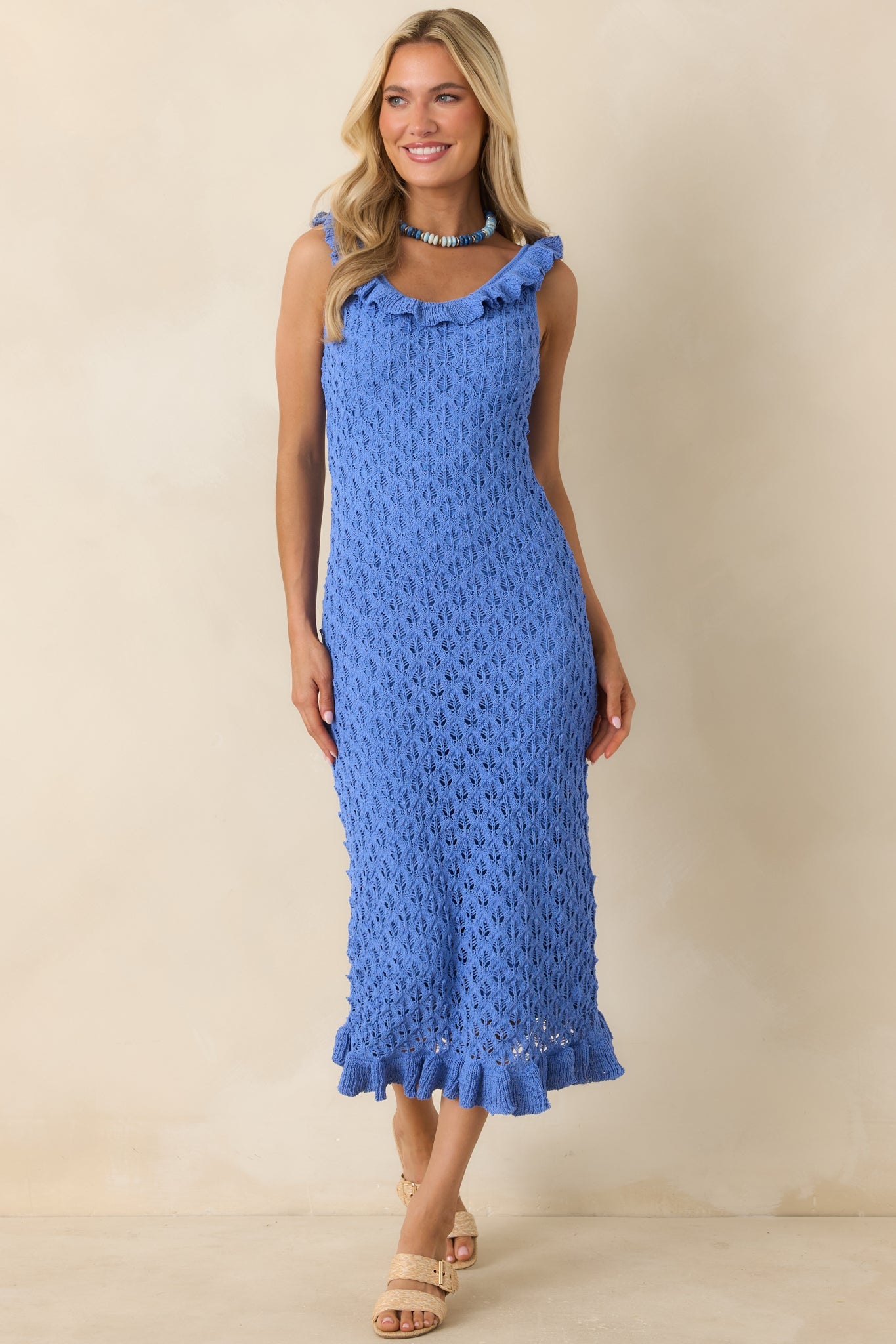 MINKPINK Arlo Cobalt Blue Pointelle Ruffle Midi Dress