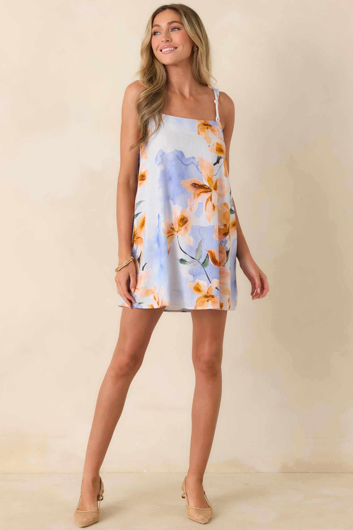 MINKPINK Sunspell Blue Multi Floral Linen Blend Shift Mini Dress