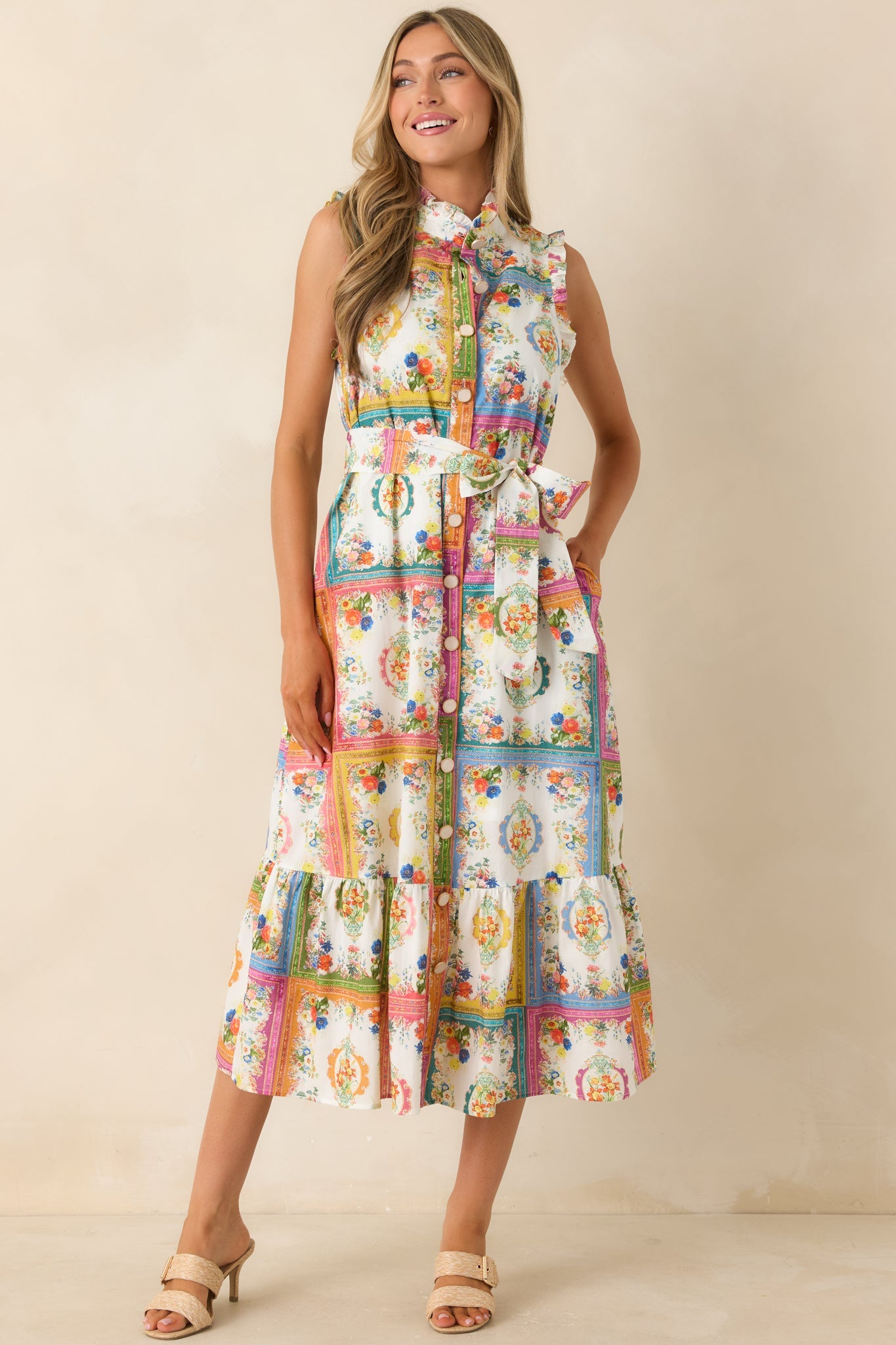 Framed in Love Multi Floral Tile Print Midi Dress