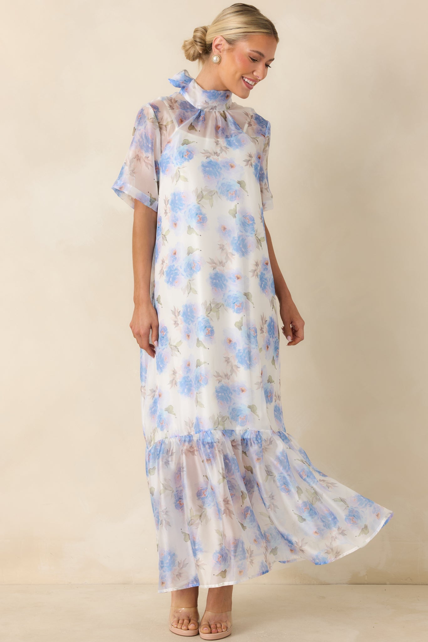 Watercolor Wishes Blue Multi Floral Tiered Maxi Dress