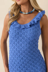 MINKPINK Arlo Cobalt Blue Pointelle Ruffle Midi Dress