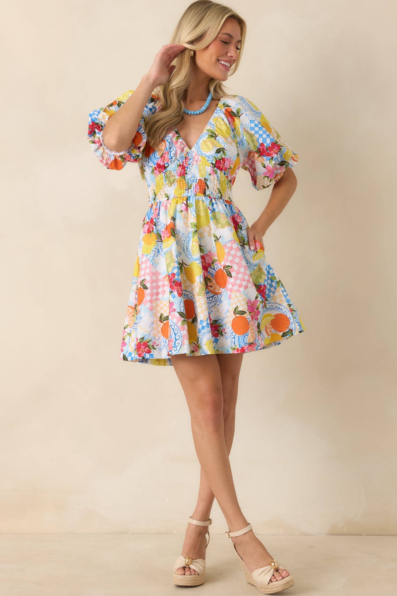 Prosperina Rylee Multi Citrus Print Linen Blend Mini Dress