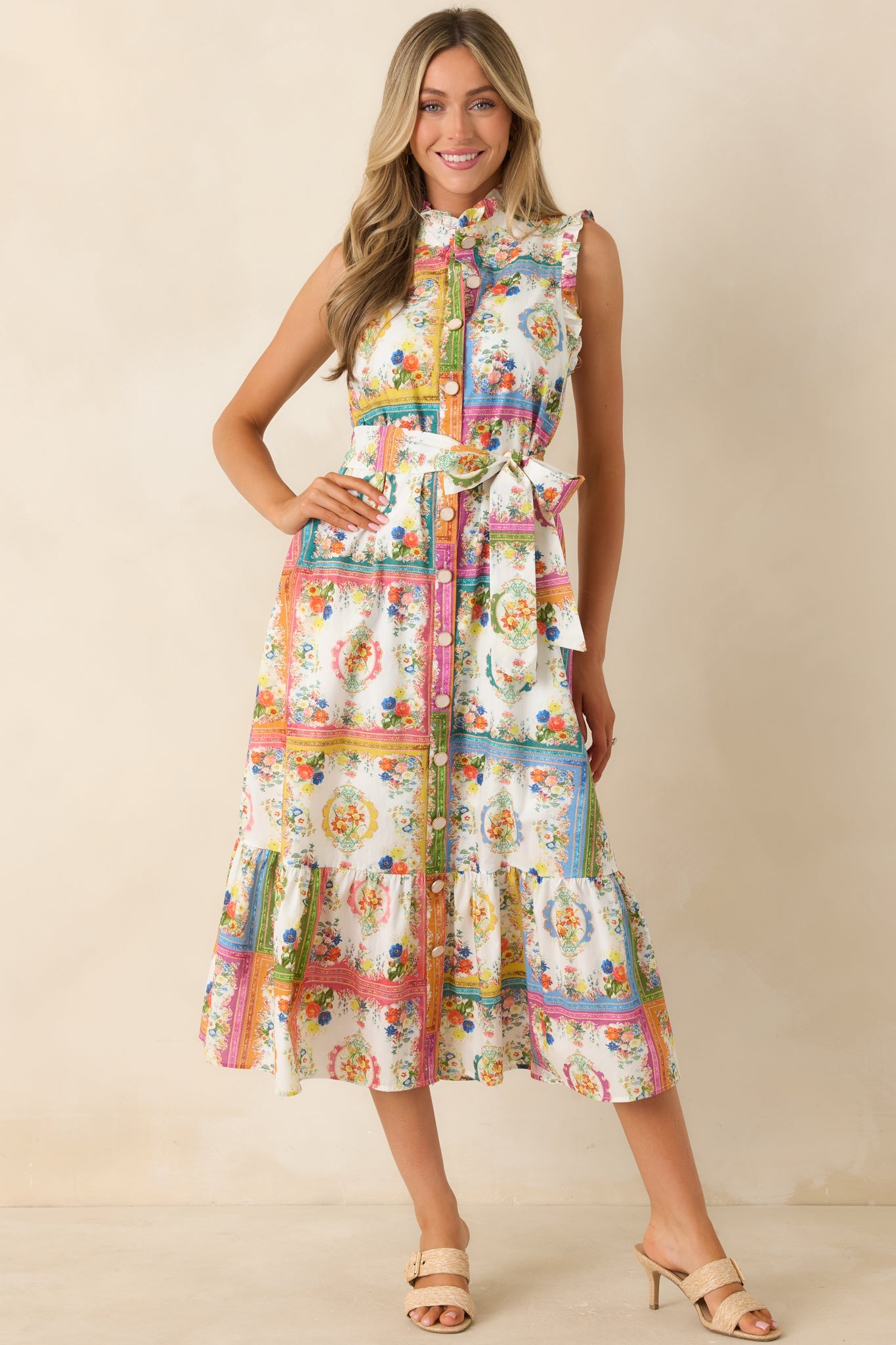 Framed in Love Multi Floral Tile Print Midi Dress