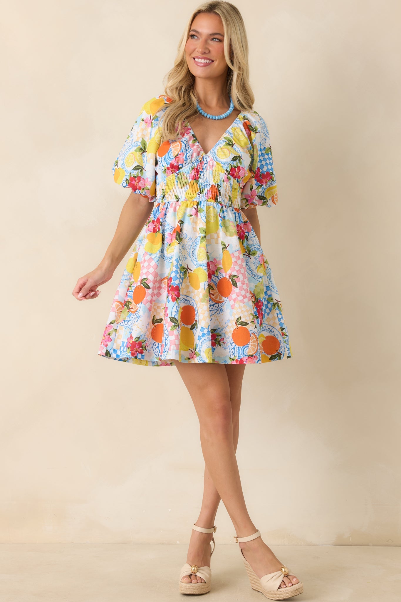 Prosperina Rylee Multi Citrus Print Linen Blend Mini Dress