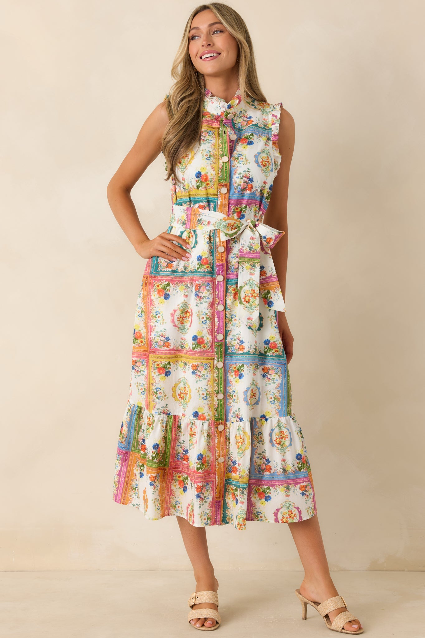 Framed in Love Multi Floral Tile Print Midi Dress