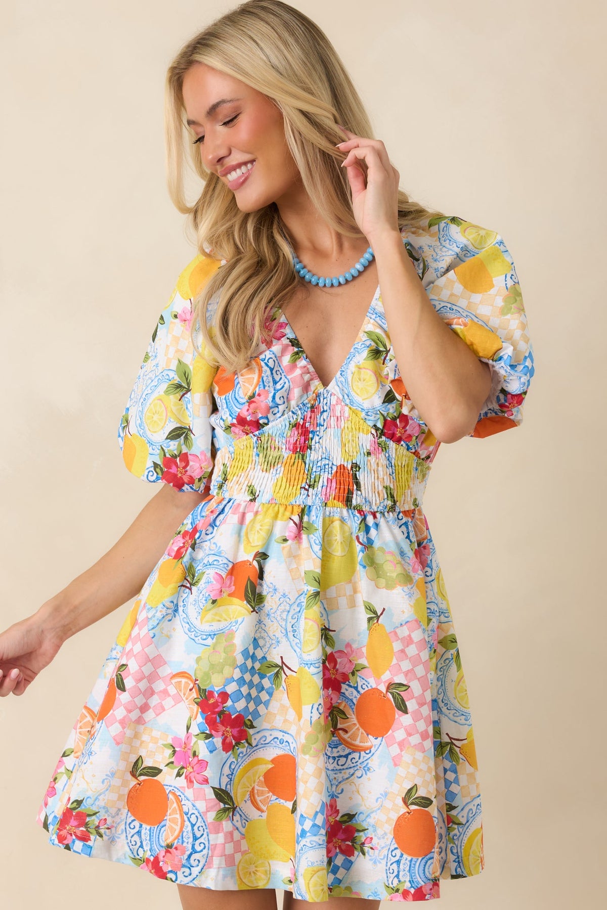 Prosperina Rylee Multi Citrus Print Linen Blend Mini Dress