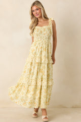 Afternoon Like This Butter Yellow Floral Ruffle Tiered Cotton Midi Dress