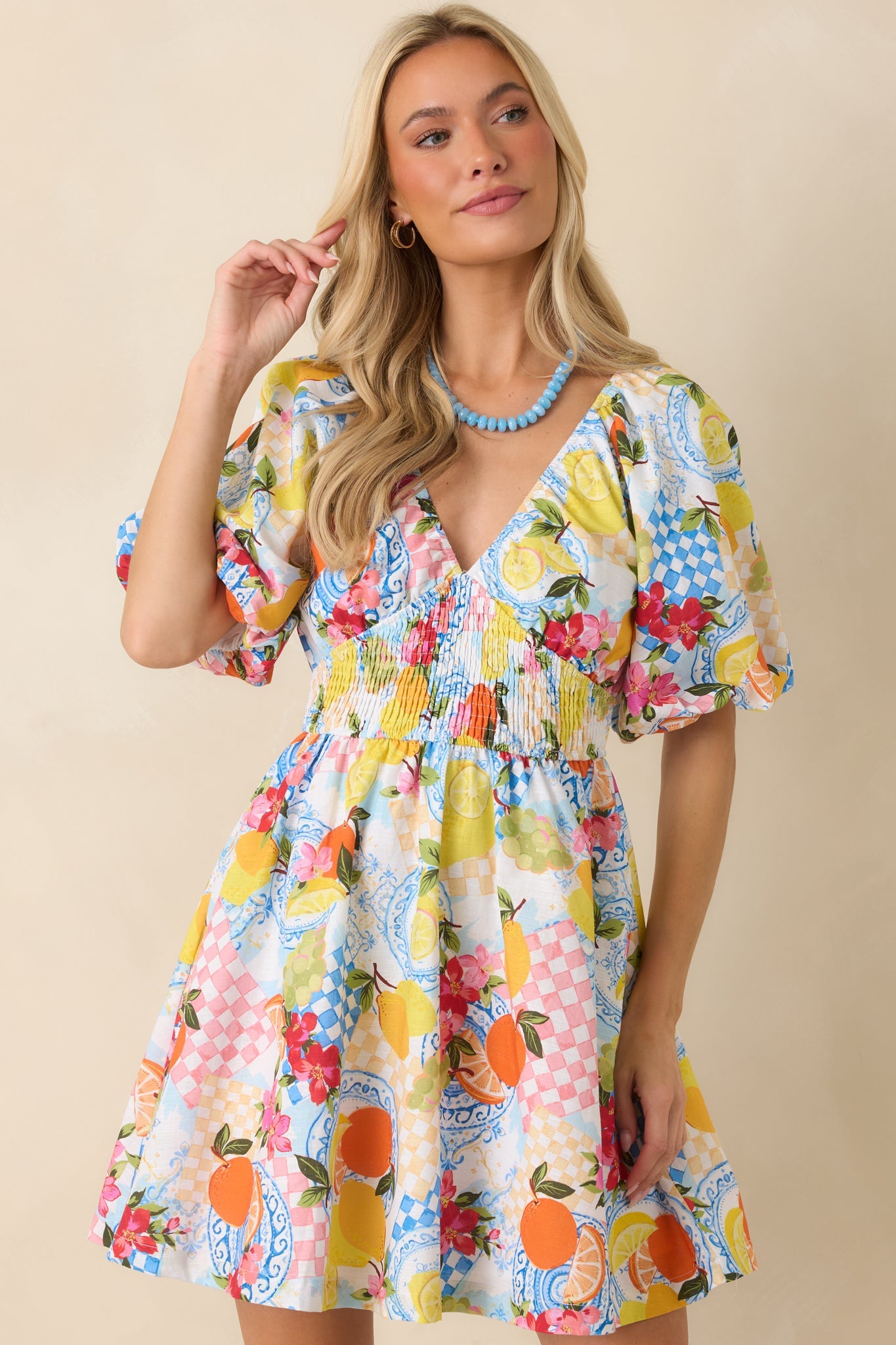 Prosperina Rylee Multi Citrus Print Linen Blend Mini Dress