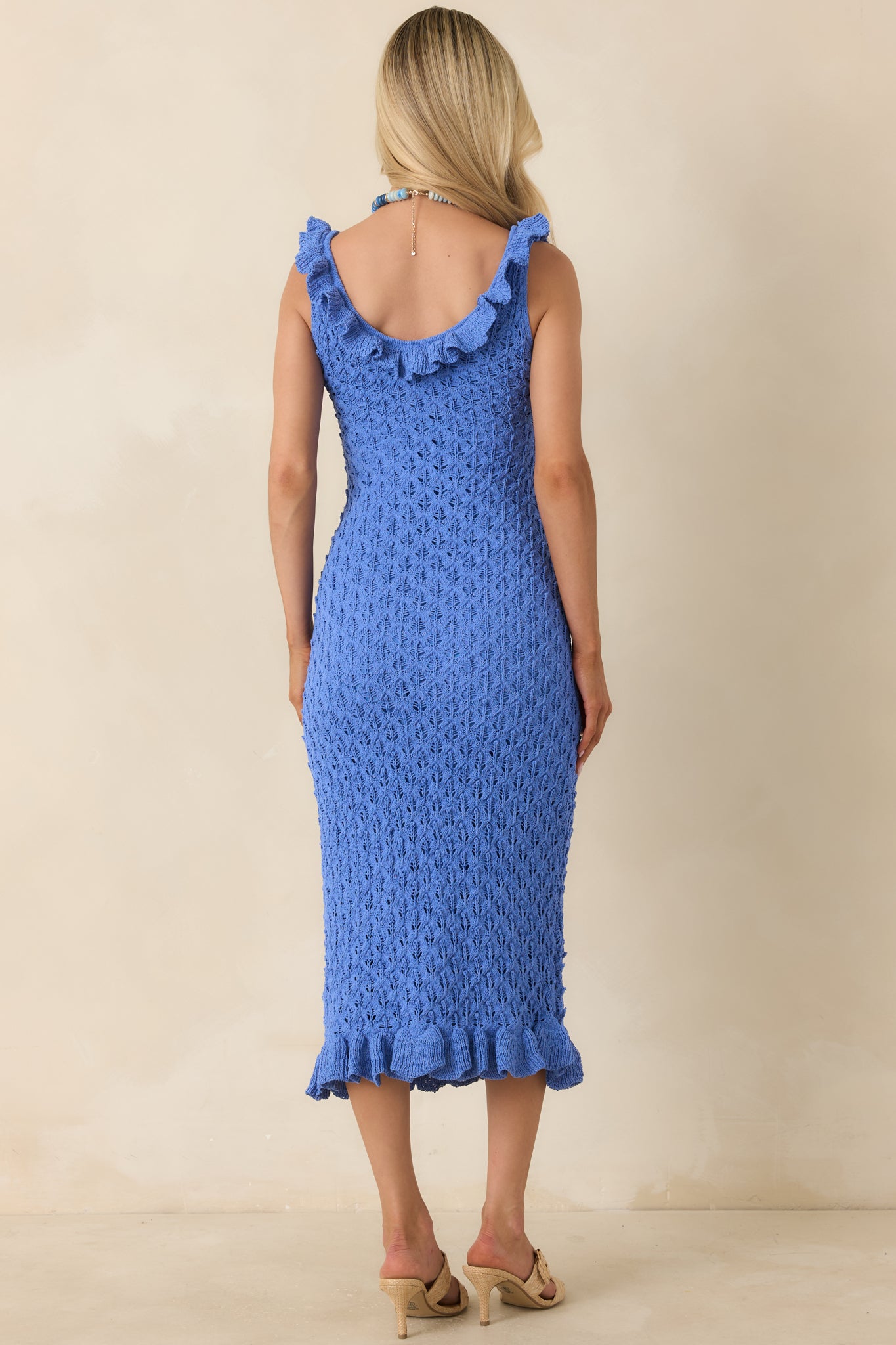 MINKPINK Arlo Cobalt Blue Pointelle Ruffle Midi Dress