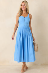 Sunny Stroll Light Blue Cotton Pleated Midi Dress