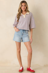 Varsity Charm Blue Multi Stripe Boxy Cotton Polo Top