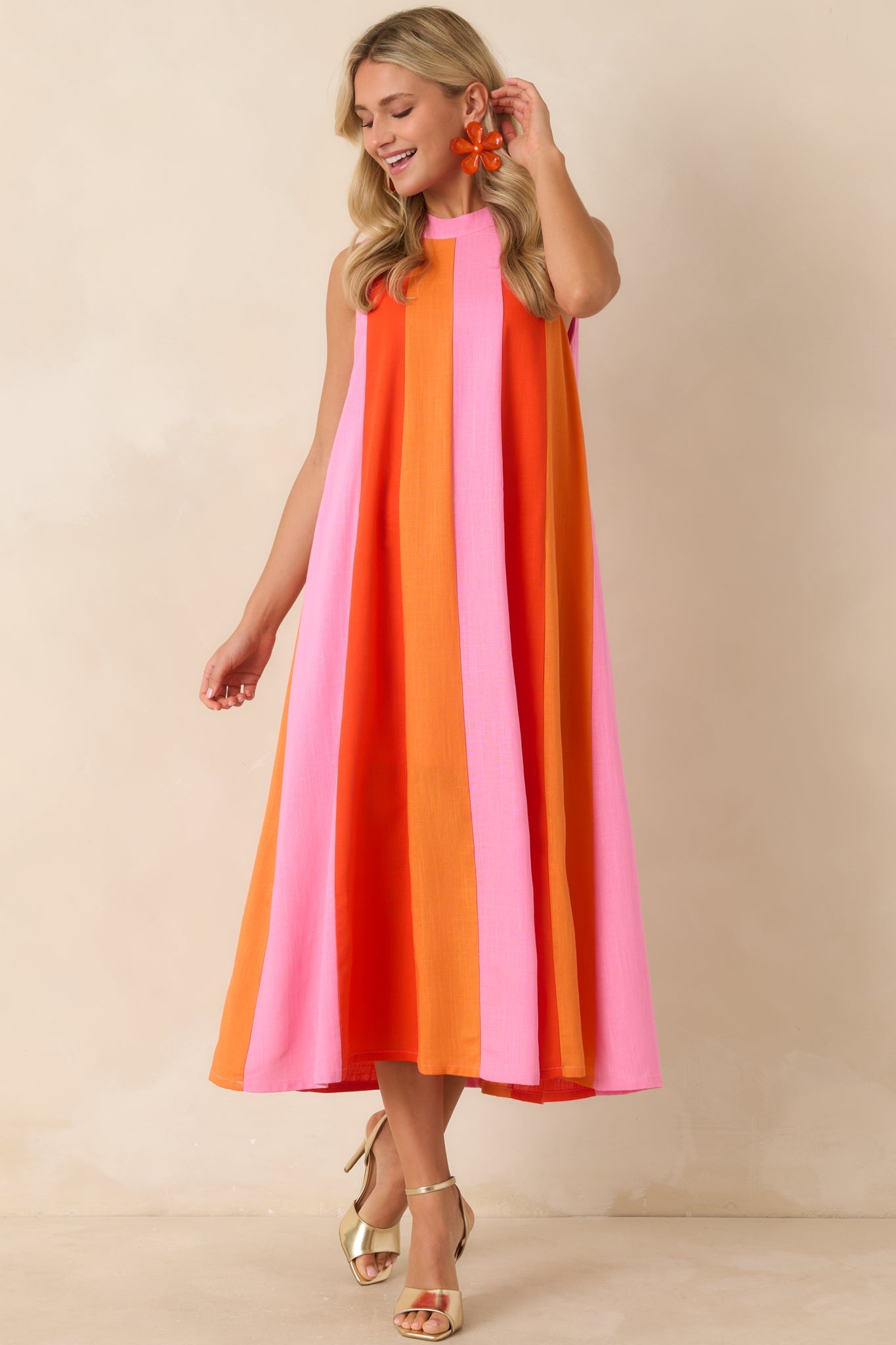 Sunset on Repeat Pink & Orange Colorblock Sleeveless Midi Dress