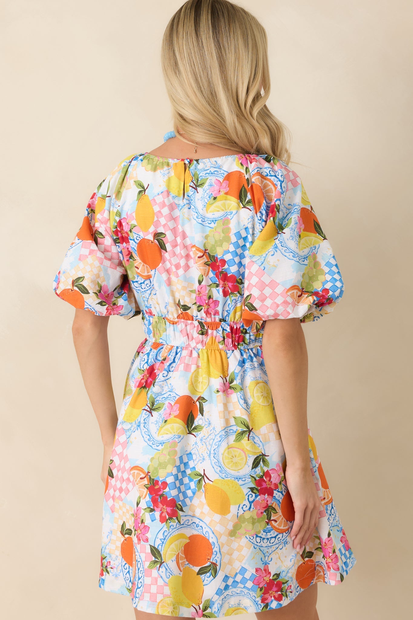 Prosperina Rylee Multi Citrus Print Linen Blend Mini Dress