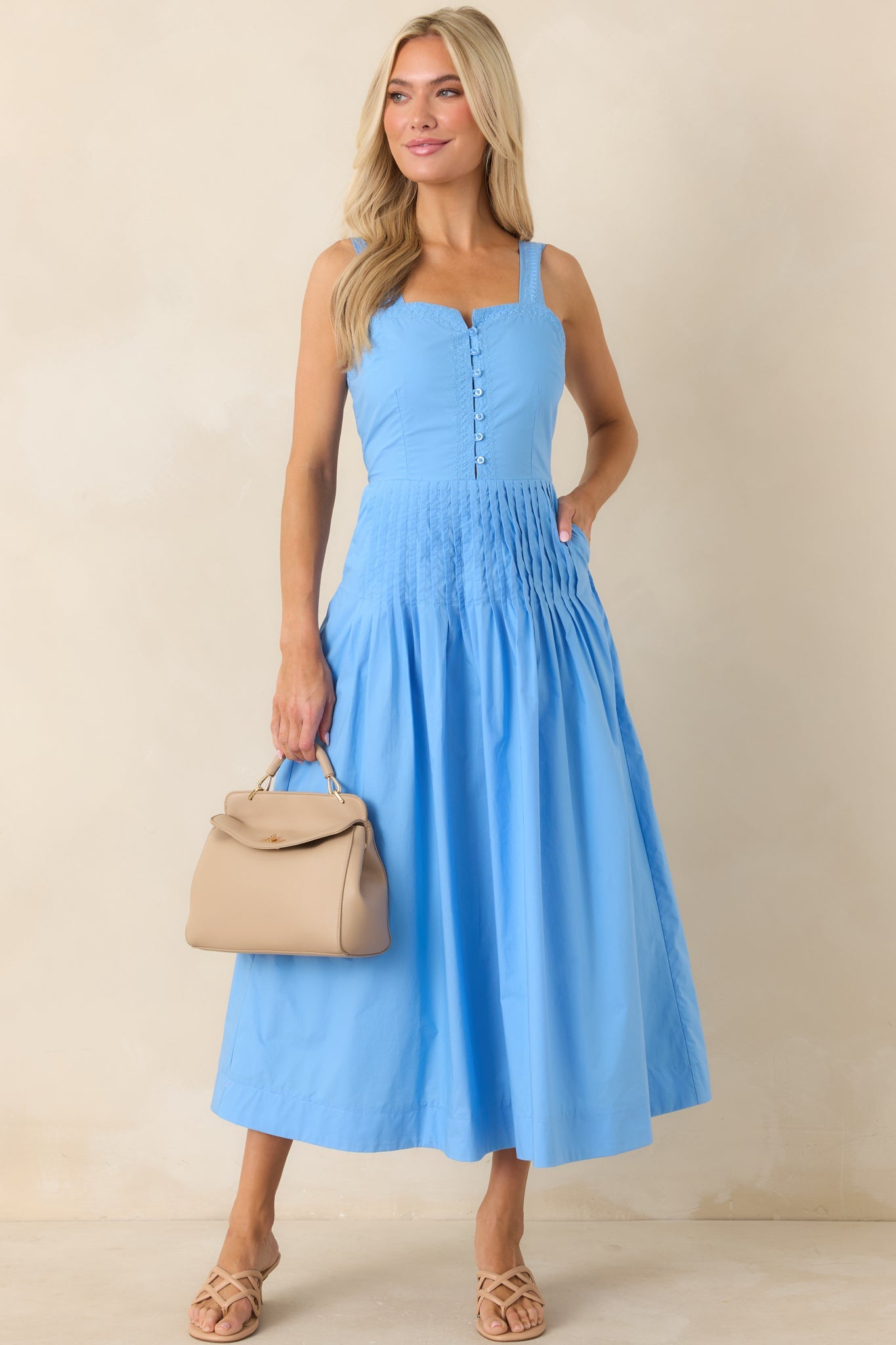 Sunny Stroll Light Blue Cotton Pleated Midi Dress