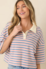 Varsity Charm Blue Multi Stripe Boxy Cotton Polo Top