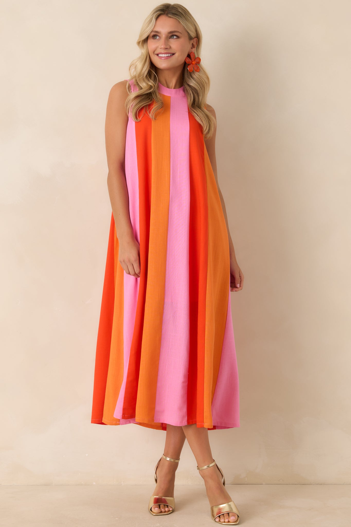Sunset on Repeat Pink & Orange Colorblock Sleeveless Midi Dress