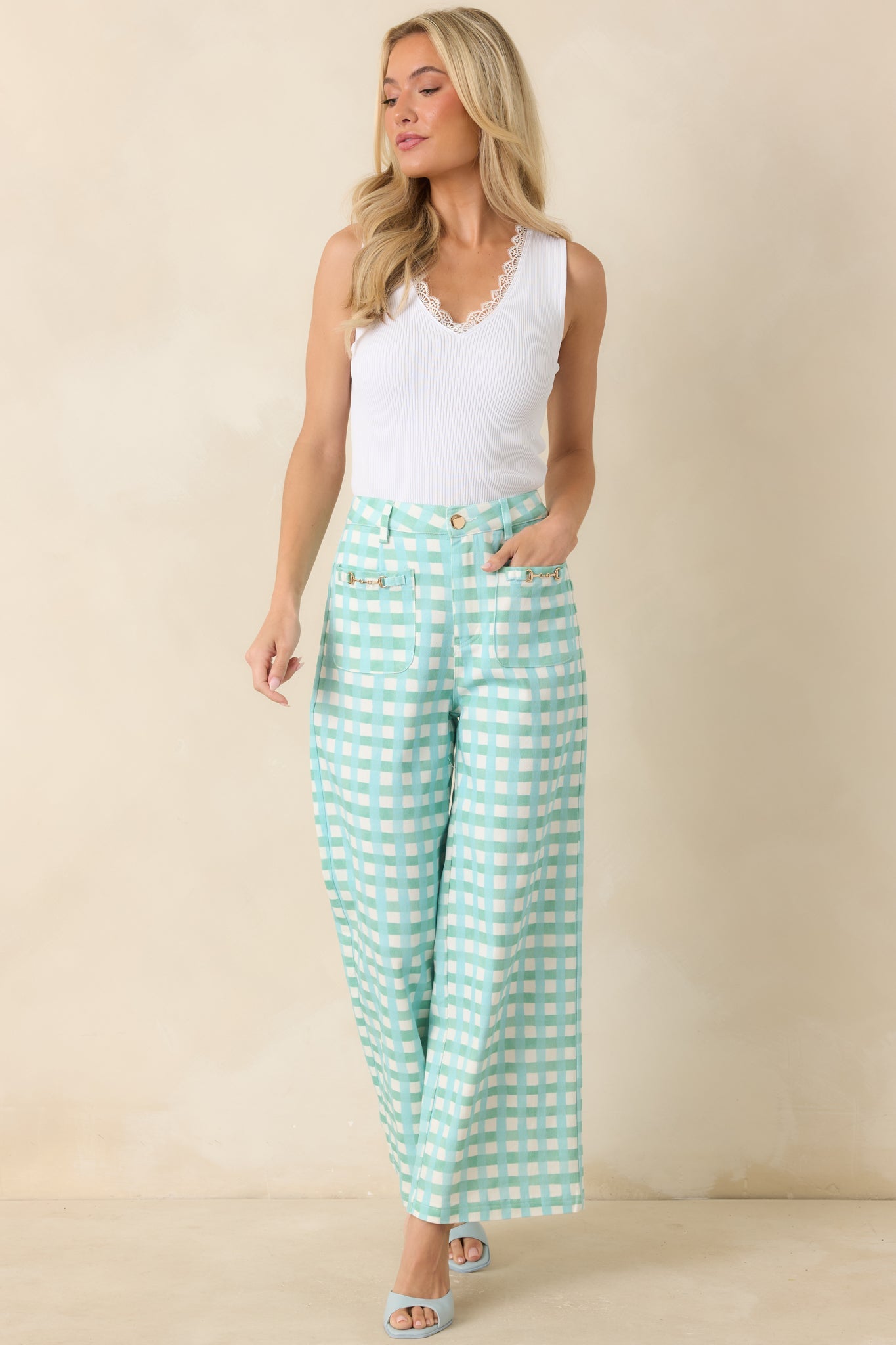 Cool As Can Be Aqua Blue & Mint Gingham Cotton Wide Leg Pants