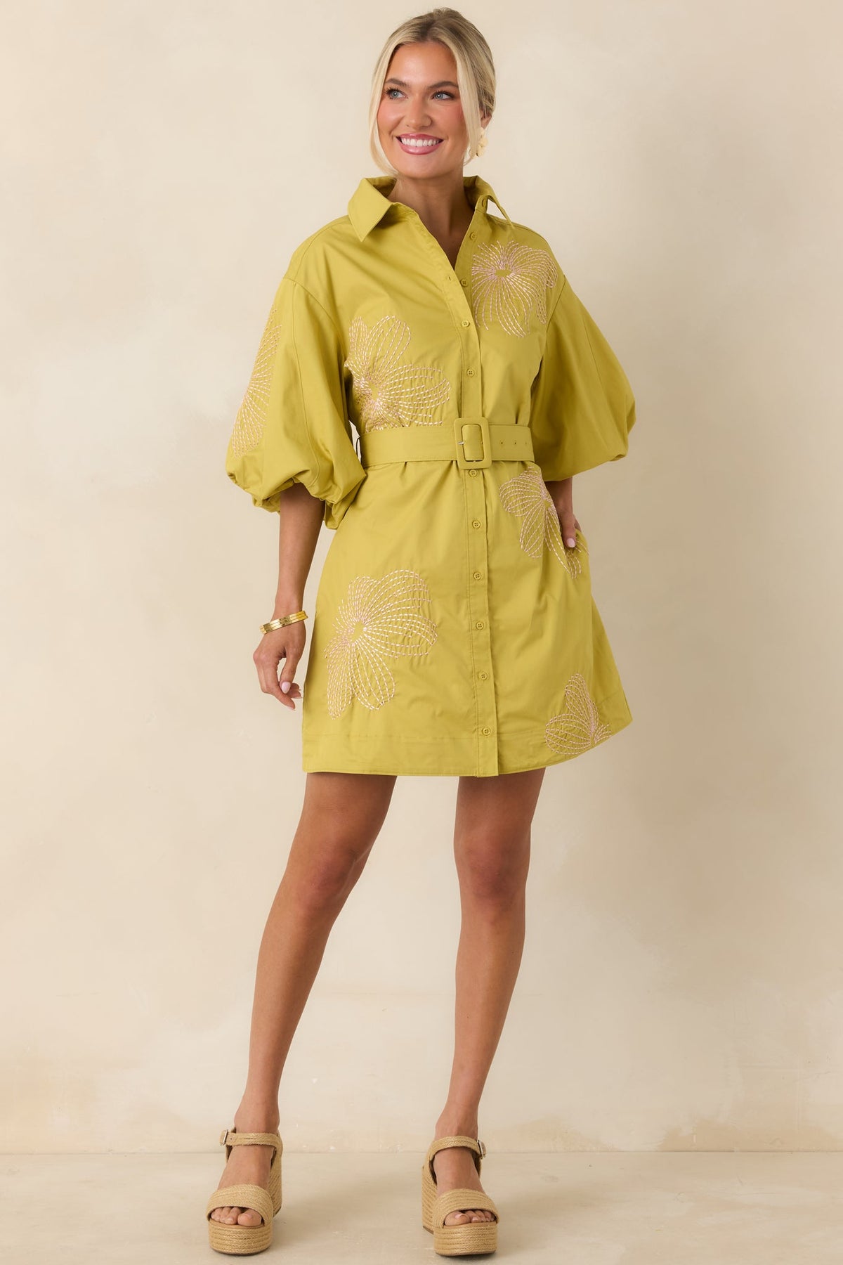 Fresh With Flair Chartreuse Green & Pink Contrast Embroidered Cotton Mini Dress