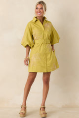 Fresh With Flair Chartreuse Green & Pink Contrast Embroidered Cotton Mini Dress