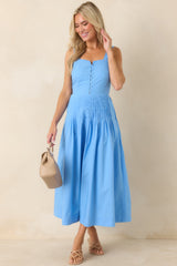 Sunny Stroll Light Blue Cotton Pleated Midi Dress