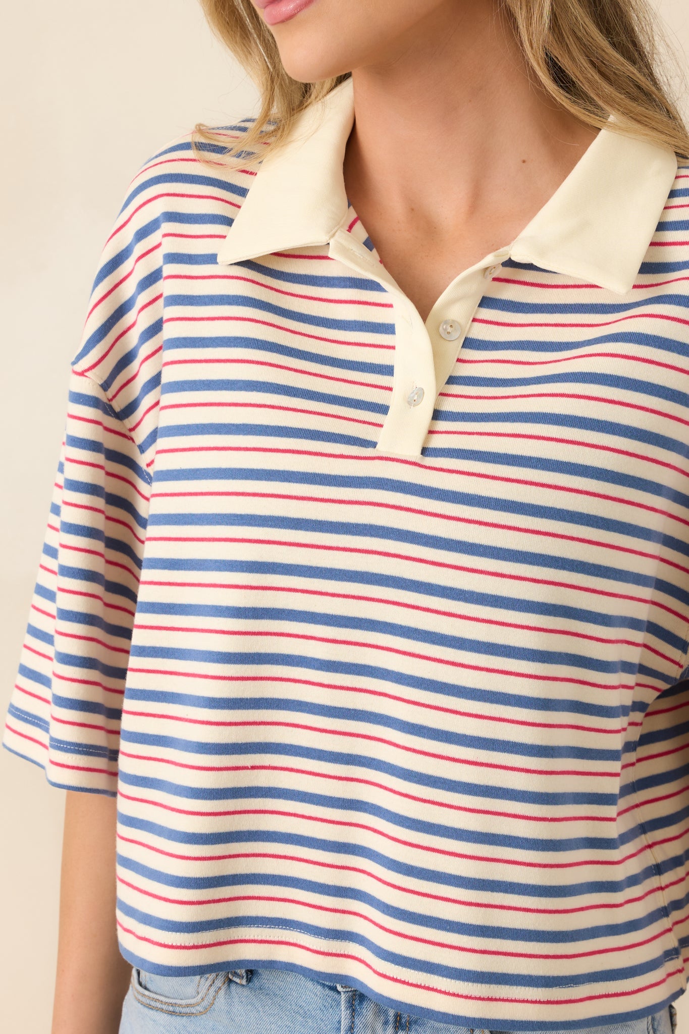 Varsity Charm Blue Multi Stripe Boxy Cotton Polo Top