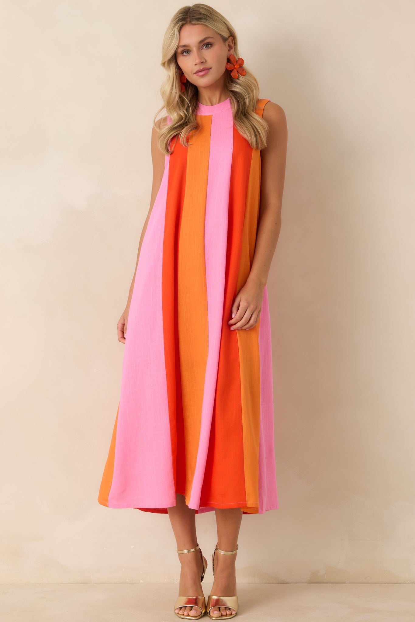 Sunset on Repeat Pink & Orange Colorblock Sleeveless Midi Dress