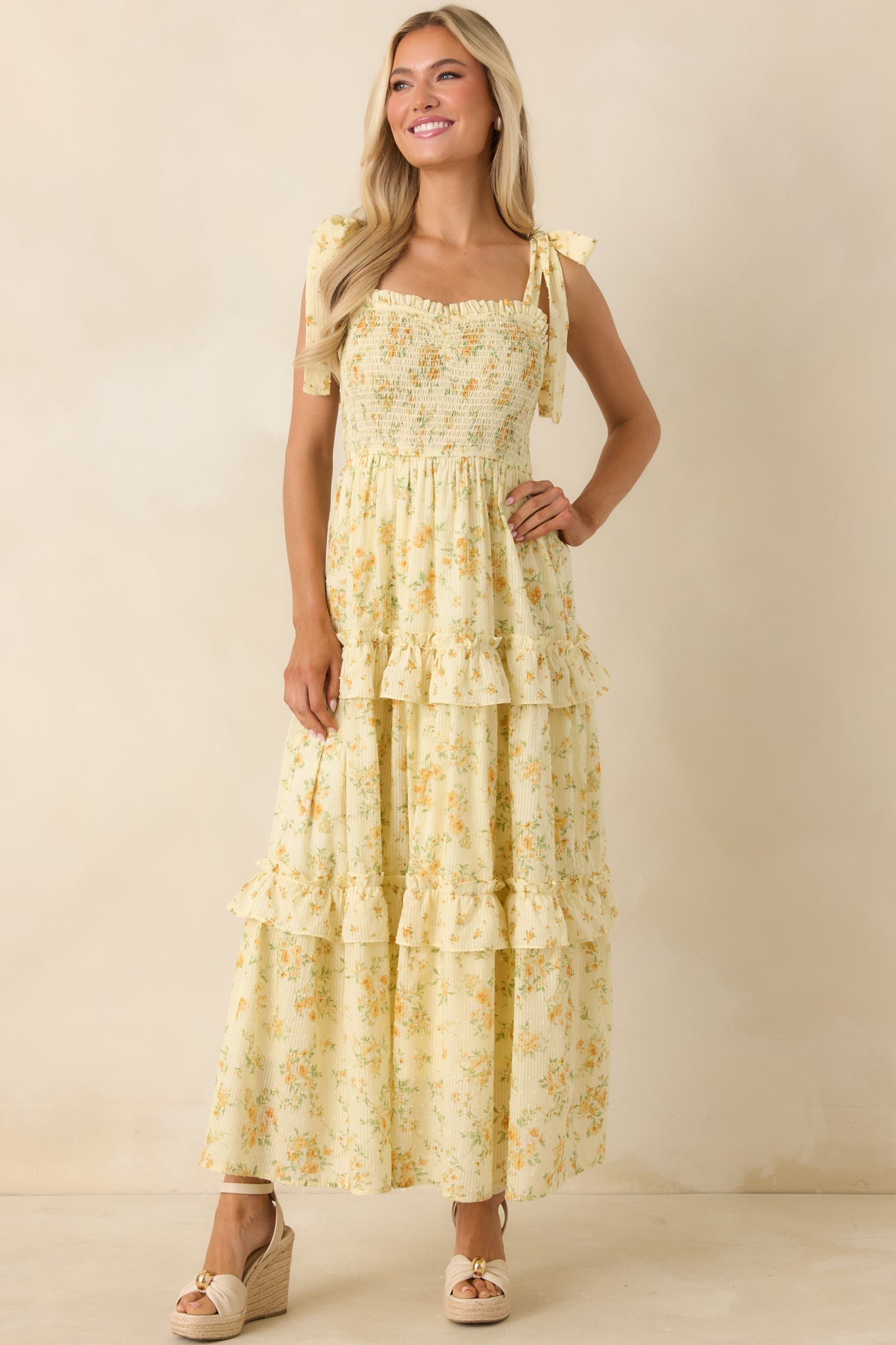 Afternoon Like This Butter Yellow Floral Ruffle Tiered Cotton Midi Dress