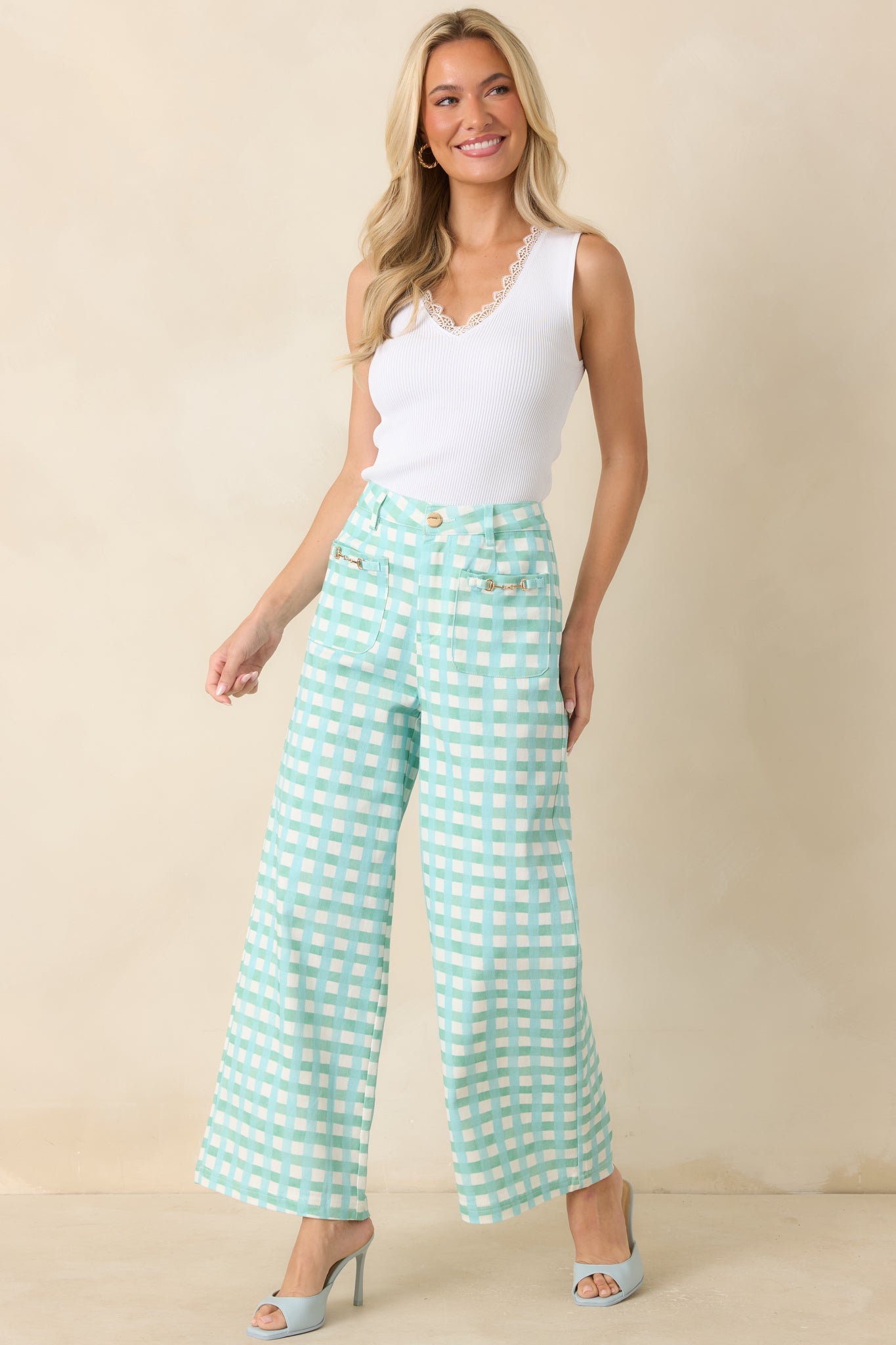 Cool As Can Be Aqua Blue & Mint Gingham Cotton Wide Leg Pants