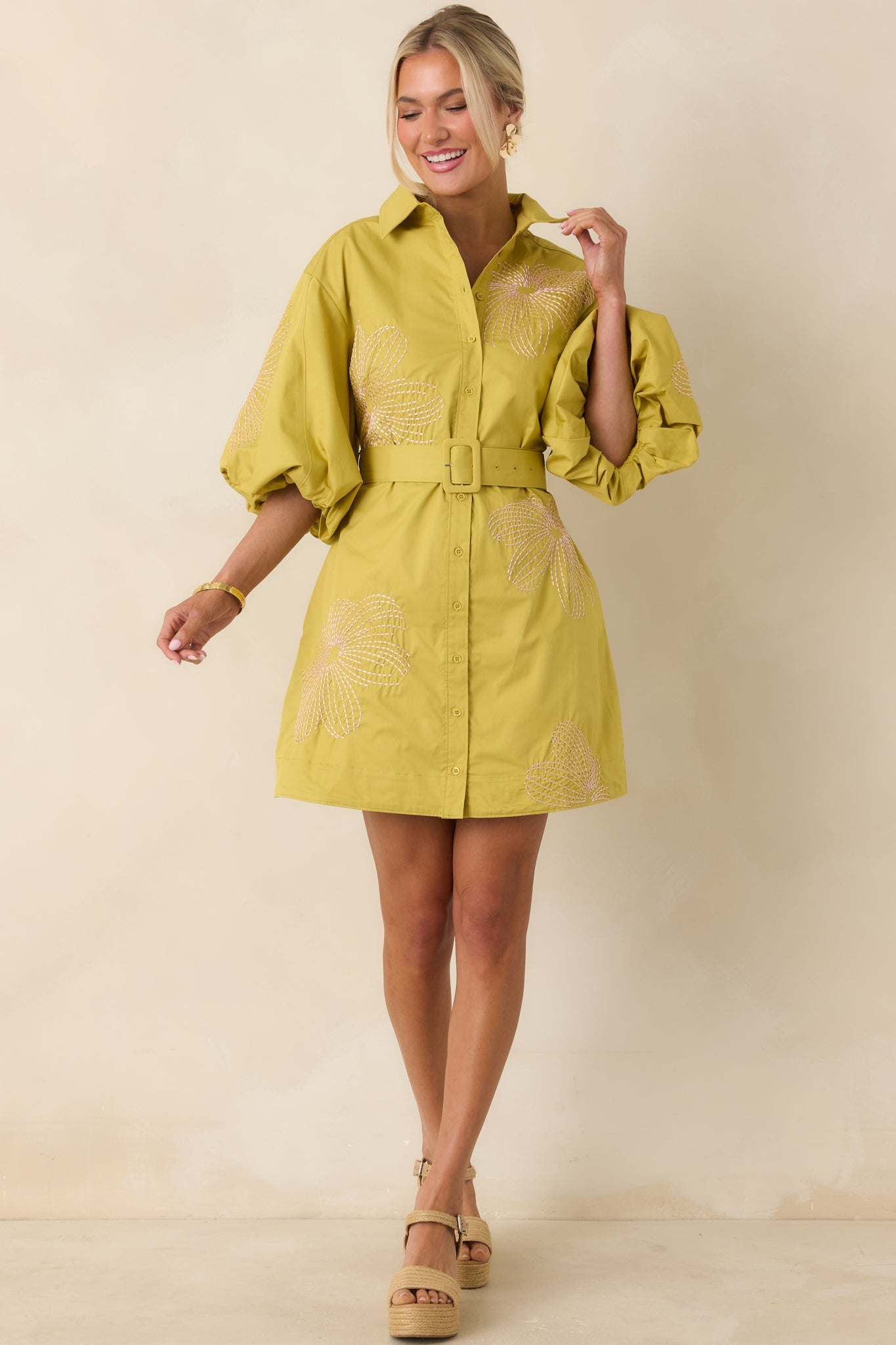Fresh With Flair Chartreuse Green & Pink Contrast Embroidered Cotton Mini Dress