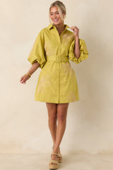 Fresh With Flair Chartreuse Green & Pink Contrast Embroidered Cotton Mini Dress