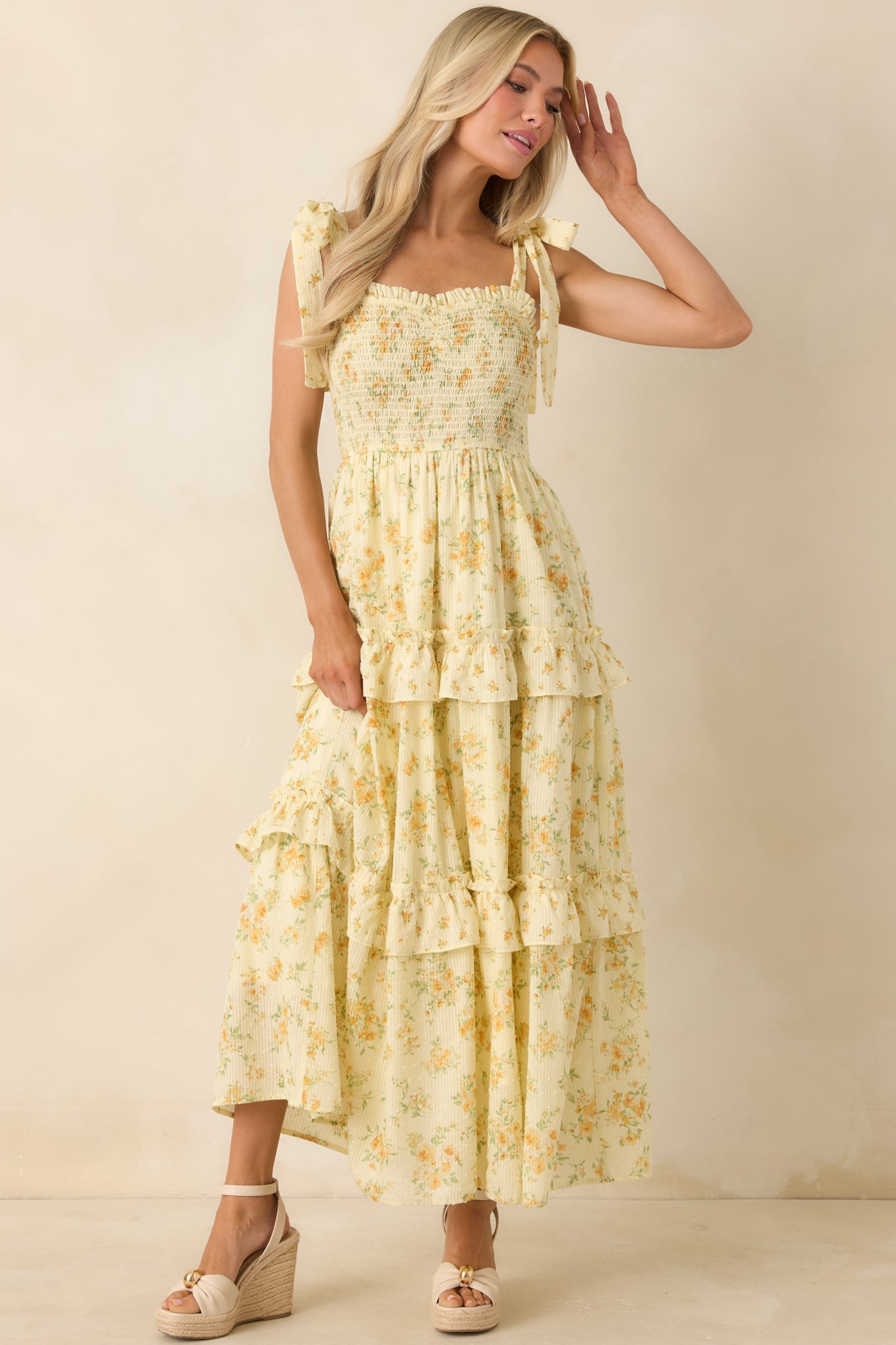 Afternoon Like This Butter Yellow Floral Ruffle Tiered Cotton Midi Dress