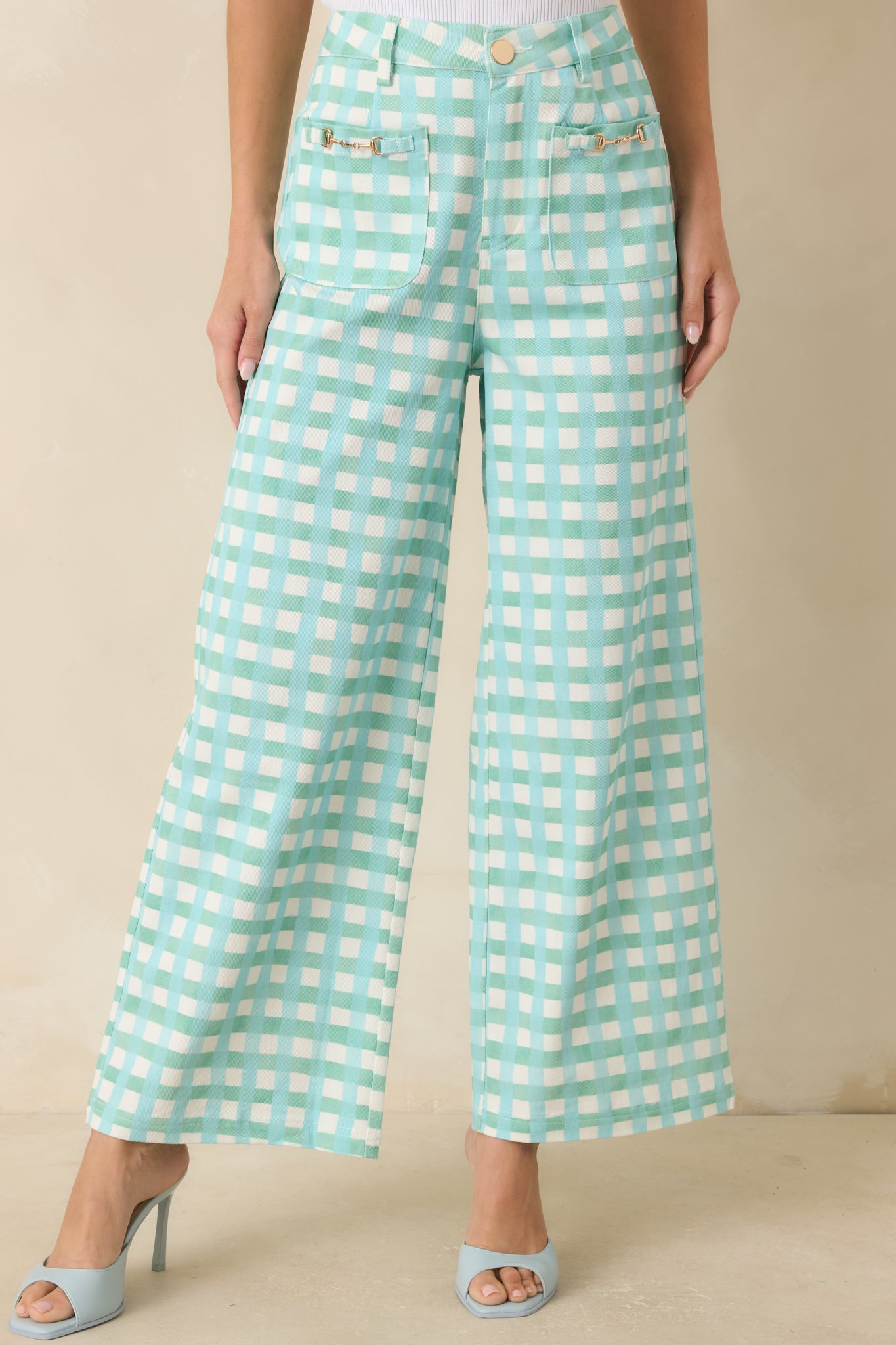 Cool As Can Be Aqua Blue & Mint Gingham Cotton Wide Leg Pants