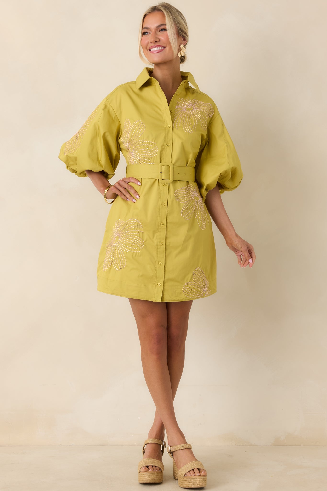Fresh With Flair Chartreuse Green & Pink Contrast Embroidered Cotton Mini Dress