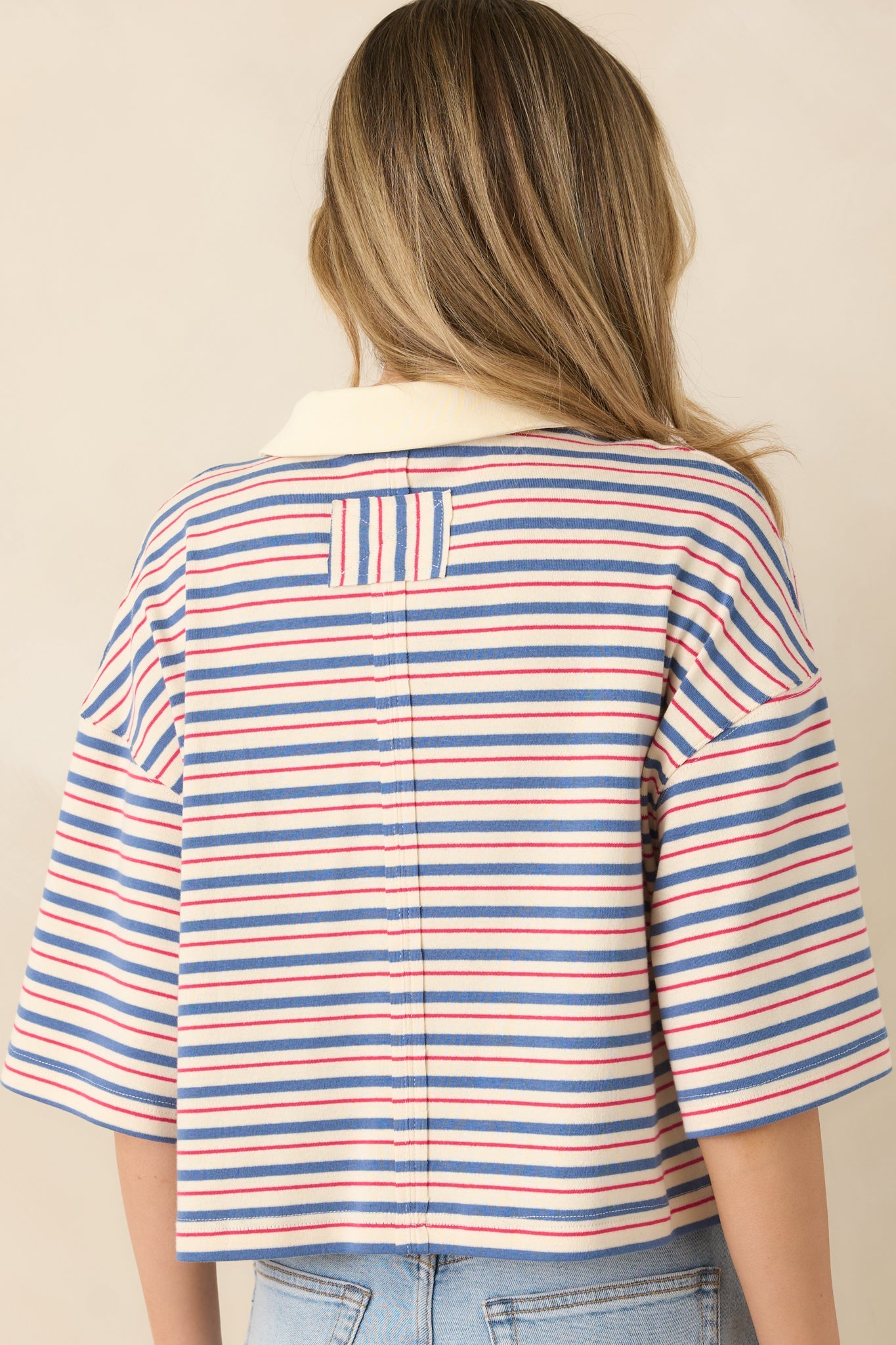Varsity Charm Blue Multi Stripe Boxy Cotton Polo Top