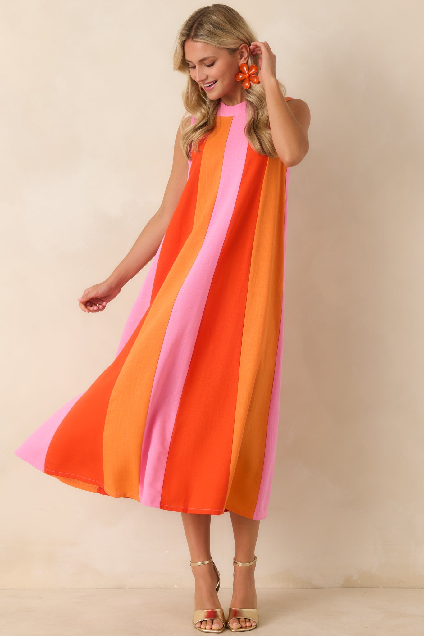 Sunset on Repeat Pink & Orange Colorblock Sleeveless Midi Dress