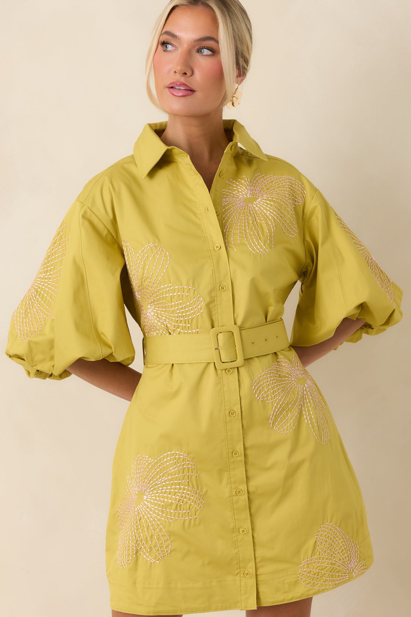 Fresh With Flair Chartreuse Green & Pink Contrast Embroidered Cotton Mini Dress