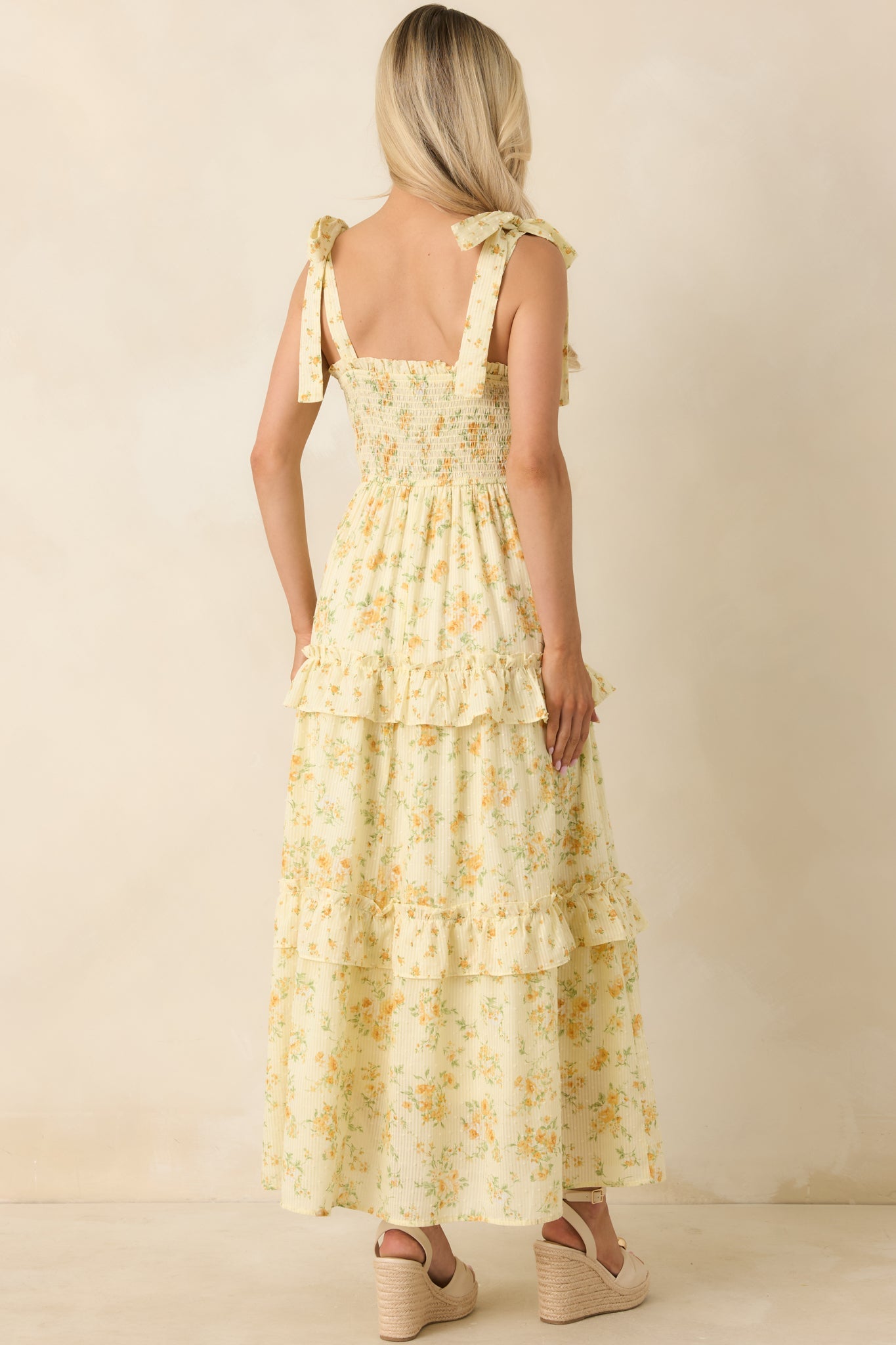 Afternoon Like This Butter Yellow Floral Ruffle Tiered Cotton Midi Dress