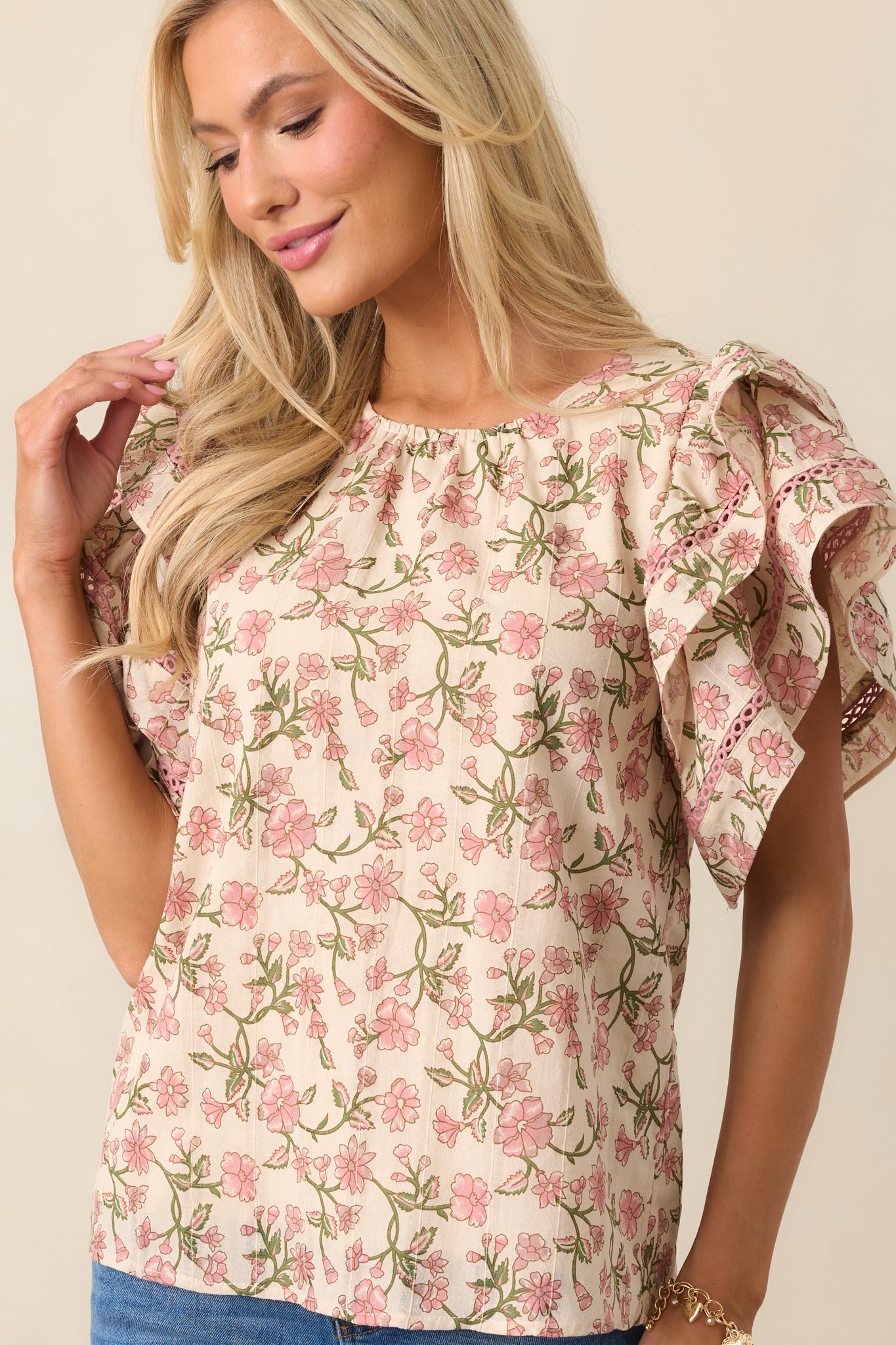 Secret Garden Path Cotton Rose Pink Flutter Sleeve Blouse