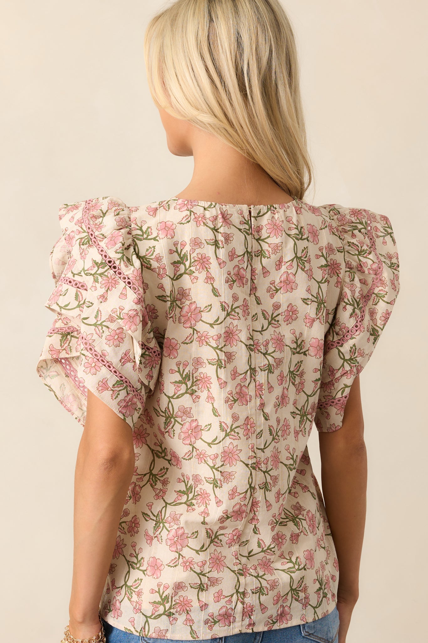 Secret Garden Path Cotton Rose Pink Flutter Sleeve Blouse