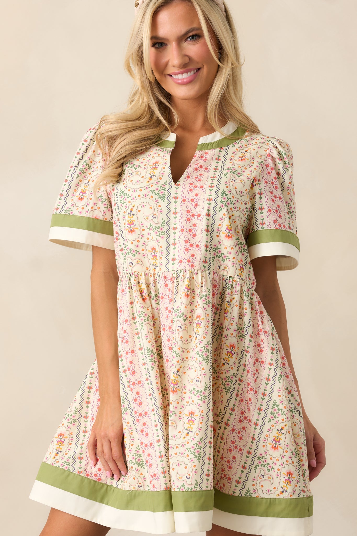 Lush With Life Green Floral Cotton Mini Dress