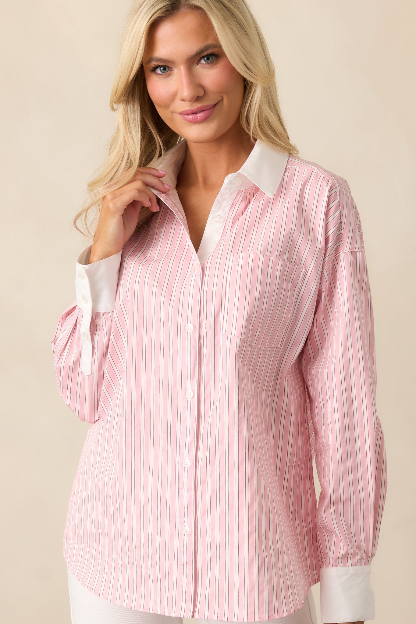 A Natural Leader Pink Stripe Cotton Oxford Button Up Top