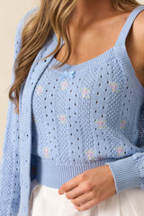 Under the Hibiscus Cotton Sky Blue Knit Floral Embroidered Tank Top