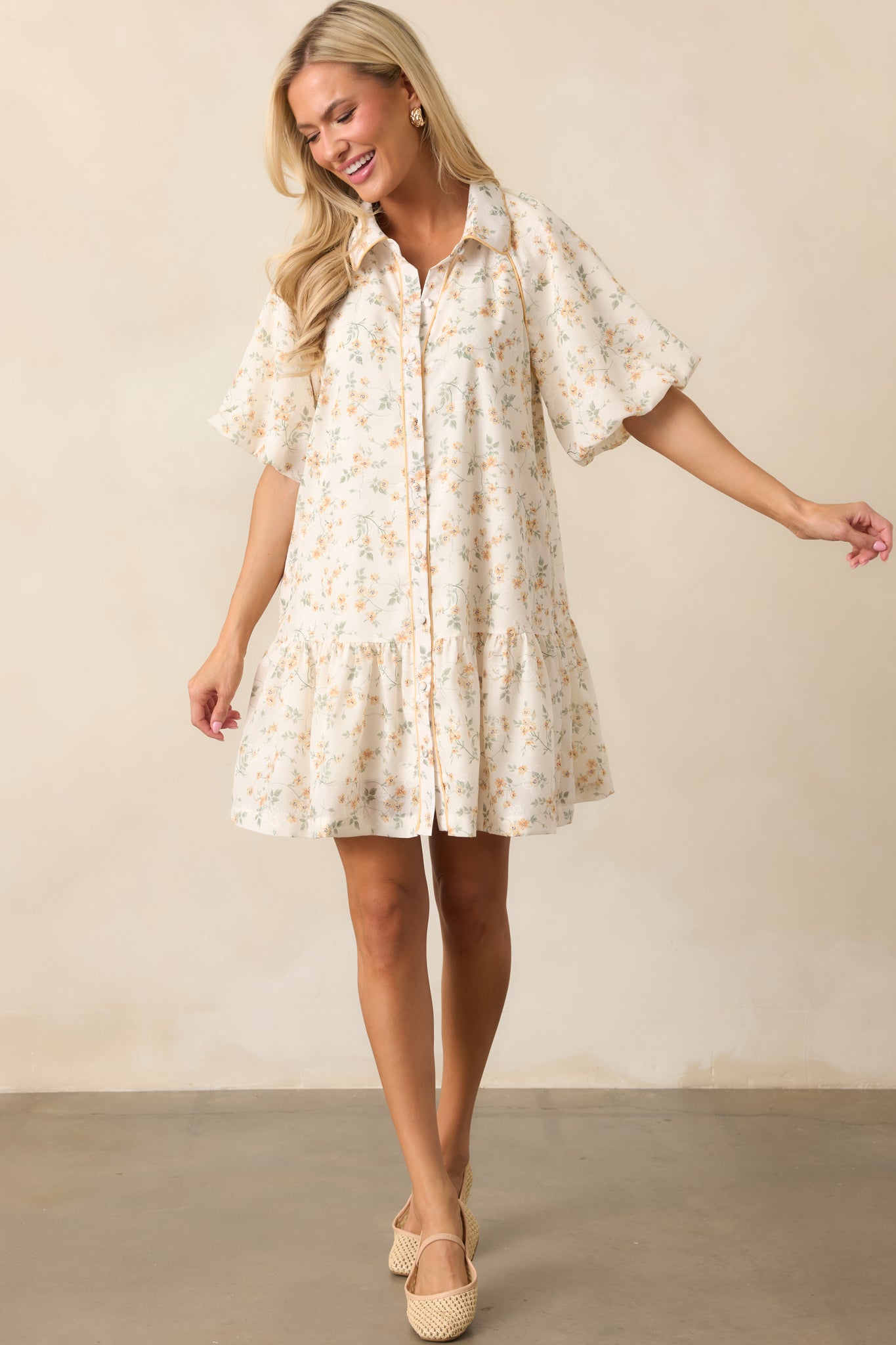 Music Festival Yellow Floral Button Front Mini Dress