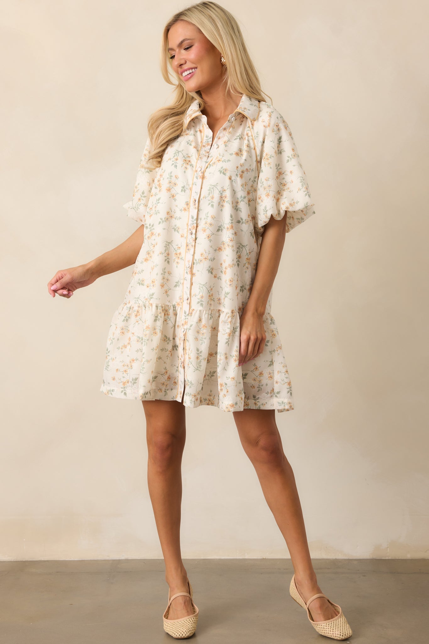 Music Festival Yellow Floral Button Front Mini Dress