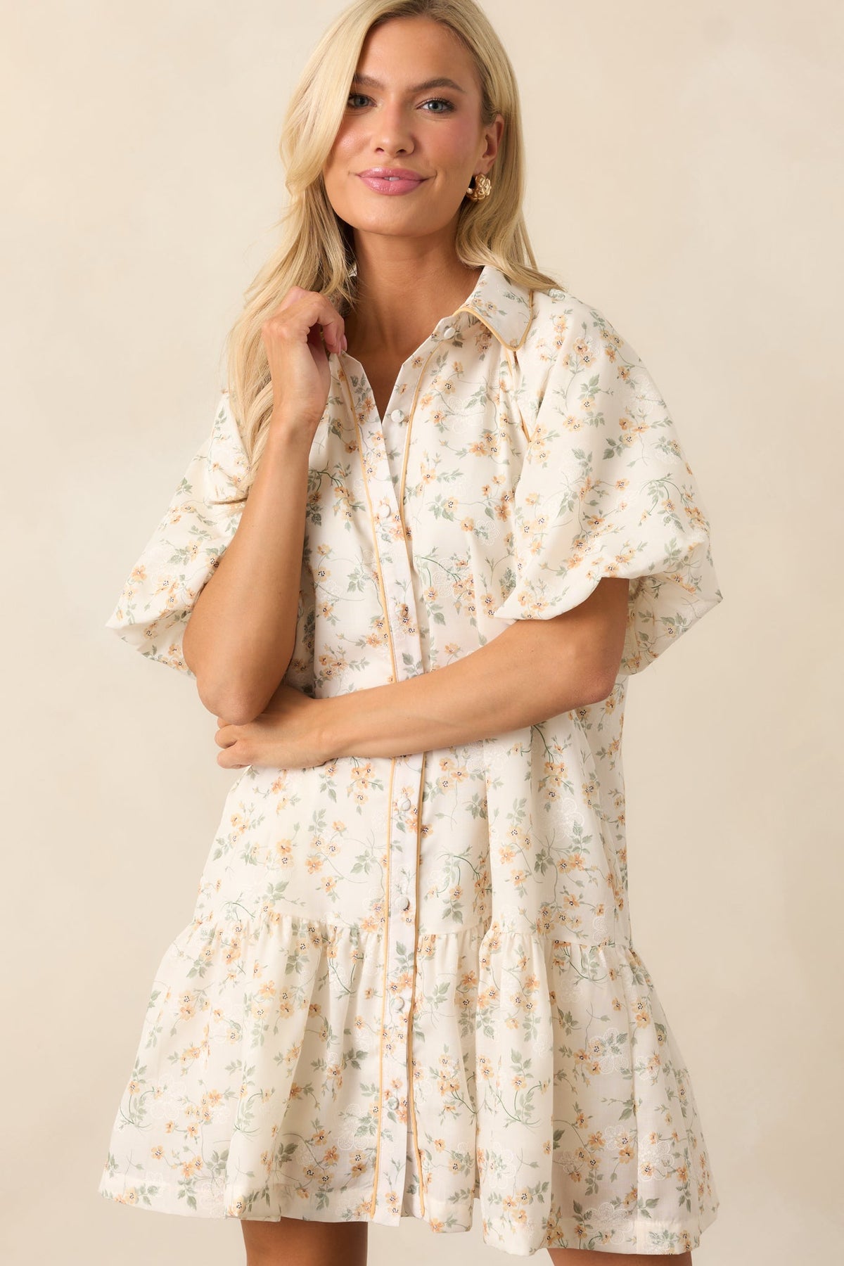 Music Festival Yellow Floral Button Front Mini Dress