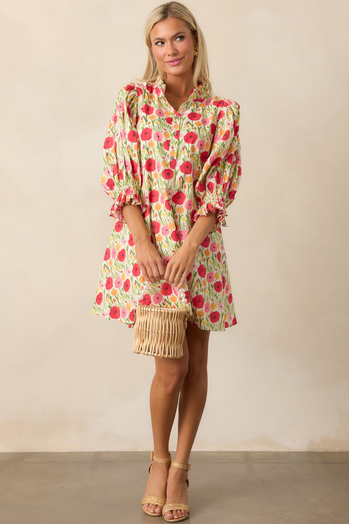 Rose Garden Cotton Red Floral Mini Dress