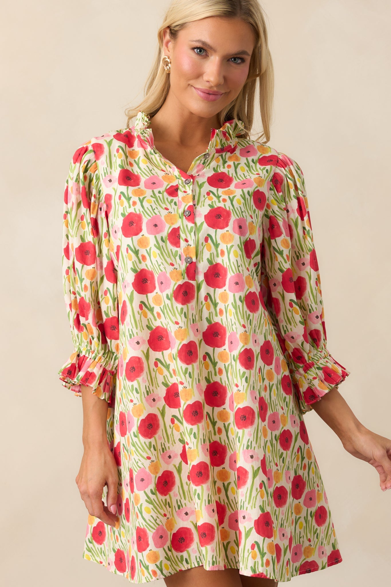 Rose Garden Cotton Red Floral Mini Dress