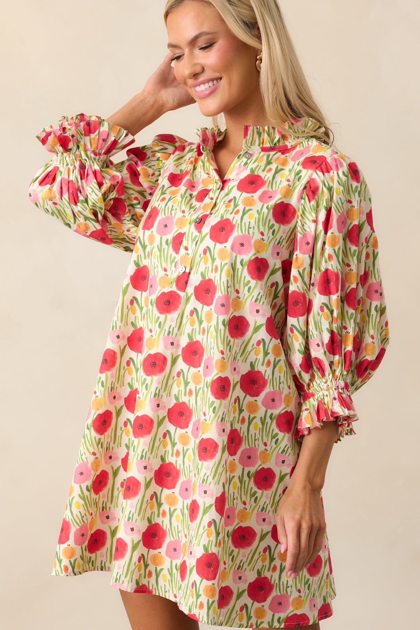 Rose Garden Cotton Red Floral Mini Dress