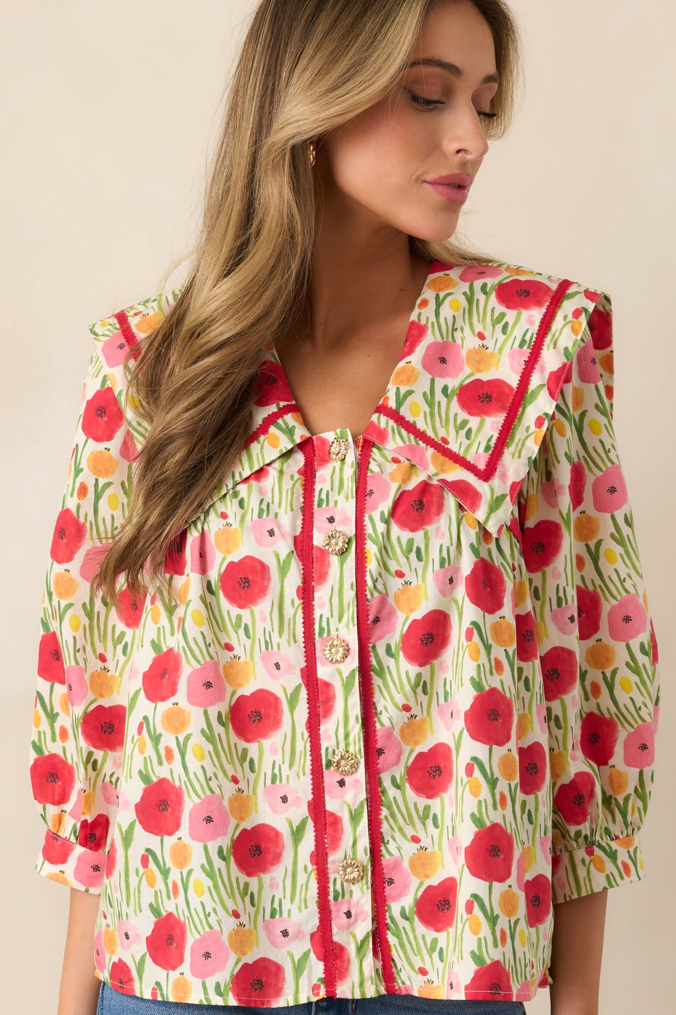 Morning Delight Cotton Red Button Front Blouse