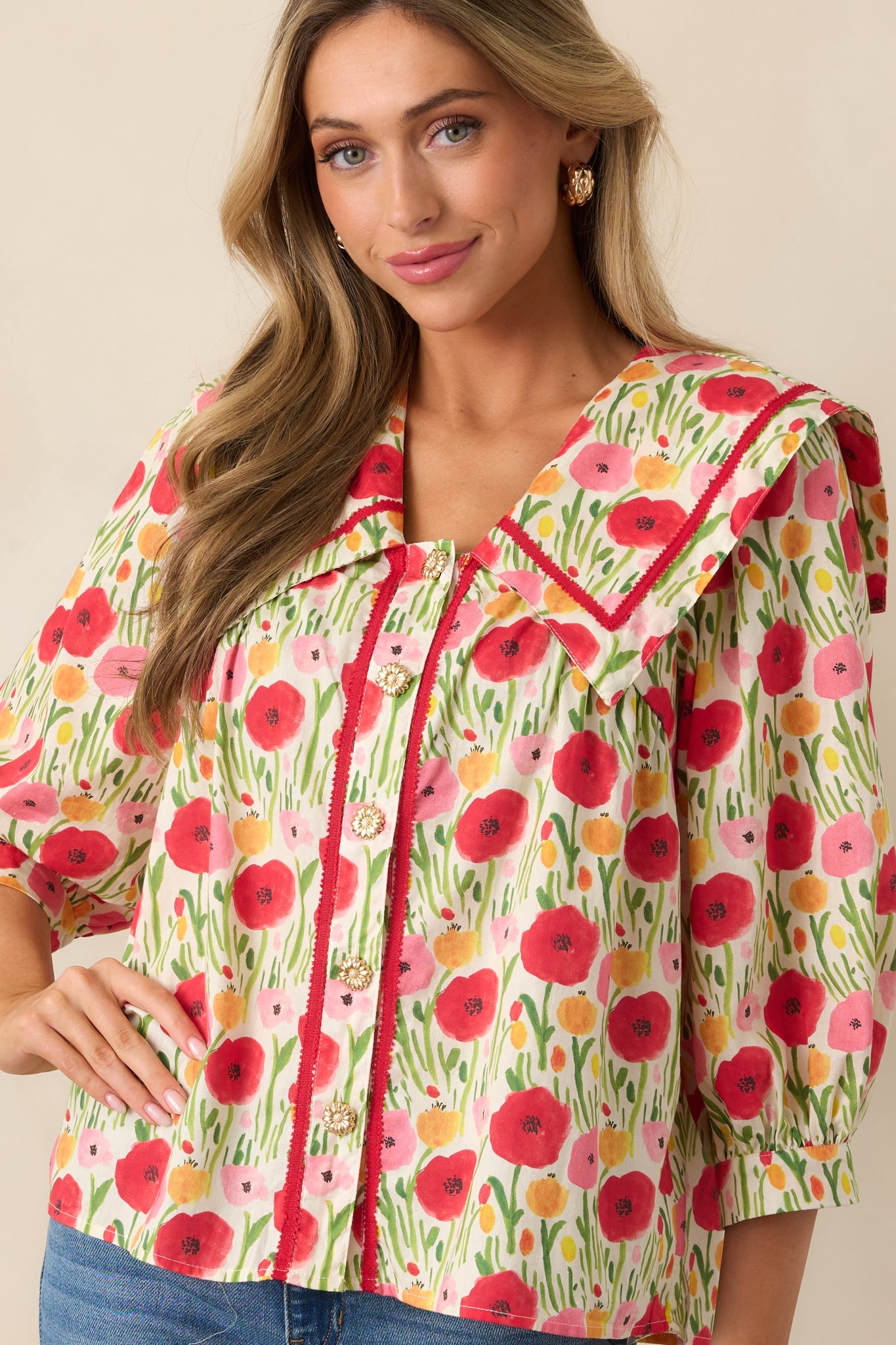 Morning Delight Cotton Red Button Front Blouse